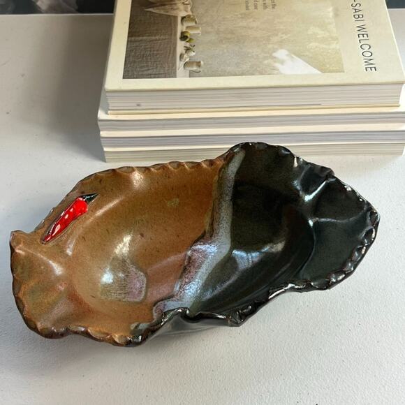 Medium 10" Abstract Art Studio Pottery Bowl Crimped Wavy Rim Brown Earth Tones - Picture 3 of 9